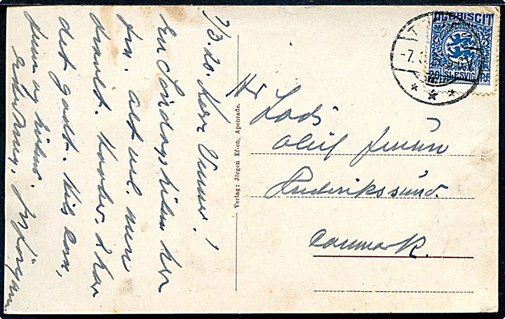 20 pfg. Fælles udg. på brevkort annulleret med svagt stempel i Tingleff d. 7.3.1920 til Frederikssund, Danmark.