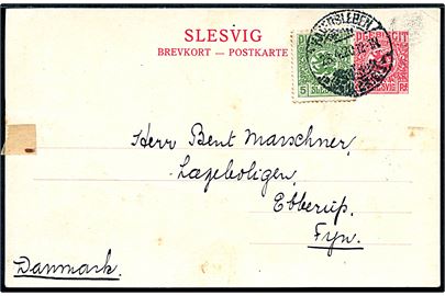 10 pfg. Fælles udg. helsagsbrevkort opfrankeret med 5 pfg. Fælles udg. fra Hadersleben d. 23.4.1920 til Ebberup på Fyn.