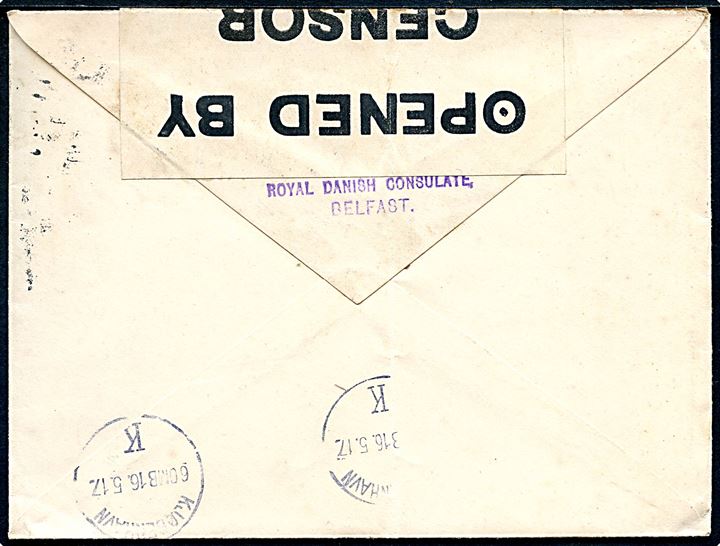 2½d George V på brev fra Royal Danish Consulate i Belfast d. 30.4.1917 til Danish War Insurance for Ships i København, Danmark. Åbnet af britisk censur no. 239.