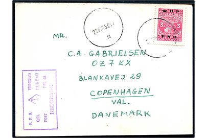 3 din. F.N.R.-Provisorium single på QSL-kort fra radioamatør YU1CAB annulleret med stumt stempel d. 22.8.1950 til København, Danmark.