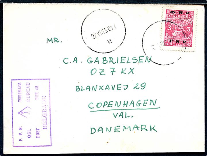 3 din. F.N.R.-Provisorium single på QSL-kort fra radioamatør YU1CAB annulleret med stumt stempel d. 22.8.1950 til København, Danmark.