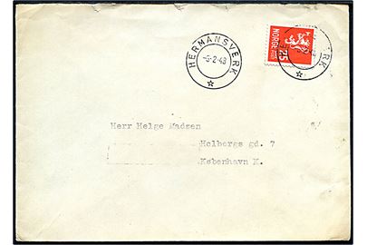 25 øre Løve på brev fra Hermansverk d. 3.2.1948 til København, Danmark.