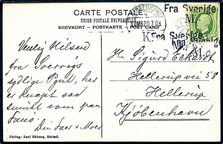 5 öre Oscar II på brevkort (Falsterbo med slotsruin) annulleret med svagt stempel i Falsterbo og igen med dansk skibsstempel Fra Sverige M. og sidestemplet Kjøbenhavn d. 20.7.1908 til Hellerup, Danmark.