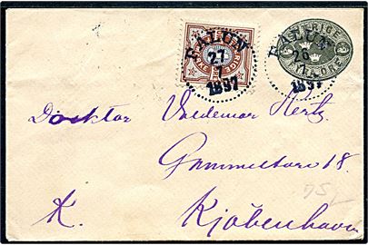 4 öre helsags tryksagskuvert opfrankeret med 1 öre Ciffer fra Falun d. 27.7.1897 til København, Danmark.