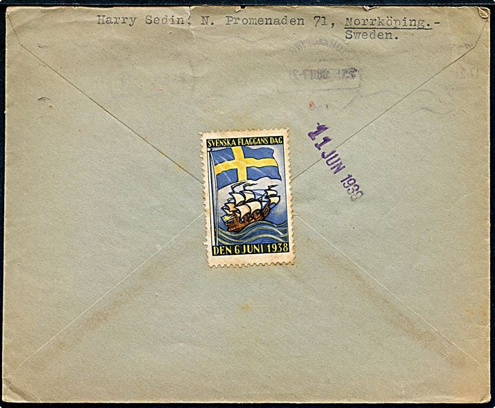 30 öre Nya Sverige Minnet single på brev fra Norrköping d. 23.5.1938 til Caracas, Venezuela, Sydamerika. Ank.stemplet d. 11.6.1938.