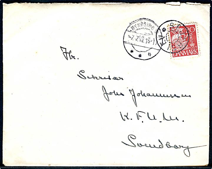 20 øre Karavel på brev annulleret med udslebet stjernestempel SEJERSLEV og sidestemplet Nykøbing M. d. 7.7.1942 til Svendborg.
