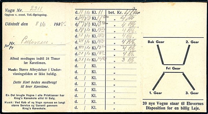 Krog's Køreskole - Kørekort. Udstedt d. 8.10.1938.