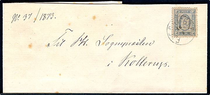 2 sk. Tjenestemærke med svagt takning på lokalt brev fra Vester og Øster Han Herreders Provsti annulleret med lapidar Fjerritslev d. 16.6.1873 til sognepræsten i Kollerup.
