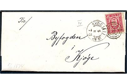 4 sk. Tjenestemærke 4. tryk på brev annulleret med kombineret nr.stempel 180/Sydsjæll. JB.P.C. d. 7.8.1874 til Byfogeden i Kjøge. På bagsiden lapidar ank.stempel fra Kjøge.