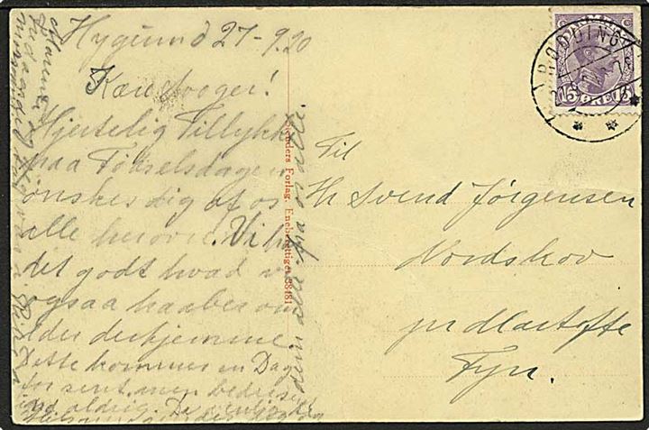 15 øre Chr. X på brevkort stemplet Rødding sn2 d. 27.9.1920 til Marstal.