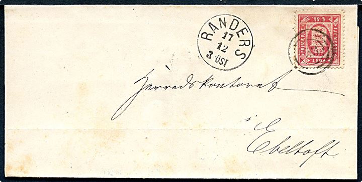 4 sk. Tjenestemærke på brev fra Randers Amt annulleret med nr.stempel 53 og sidestemplet lapidar Randers d. 17.12.1873 via Aarhus til Ebeltoft.