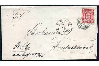 8 øre Tjenestemærke på brev annulleret med nr.stempel 153 og sidestemplet lapidar Esrom d. 2.9.1876 via Frederiksborg til Frederiksværk.