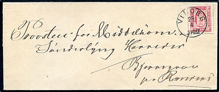8 øre Tjenestemærke på brev annulleret med lapidar Viborg d. 28.4.18xx til Bjerregrav pr. Randers.