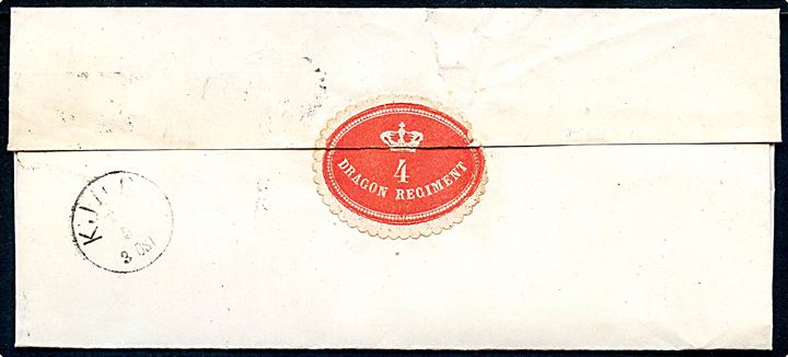 8 øre Tjenestemærke på brev med lukkeoblat fra 4 Dragon-Regiment annulleret med nr.stempel 44 og sidestemplet lapidar Næstved d. 21.5.18xx til Kjøge.