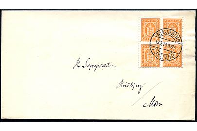 1 øre Tjenestemærke i fireblok på cirkulære sendt som tryksag fra Nykjøbing i Jylland d. 13.9.1914 til Hvidbjerg på Mors. 