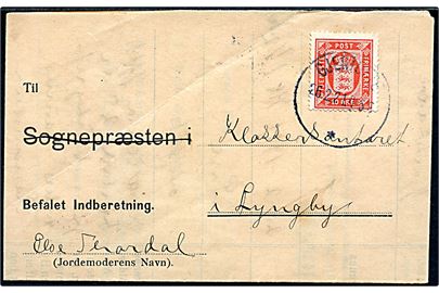 10 øre Tjenestemærke Zinnober single på lokal befalet indberetning med fødselsanmeldelse fra Gjentofte d. 26.2.1922 til Klokkerkontoret i Lyngby.