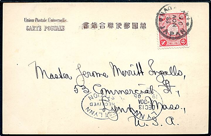 4 sn single på brevkort (Nagasaki habbour) annulleret Nagasaki * Japan * d. 13.11.1905 til Lynn, USA.