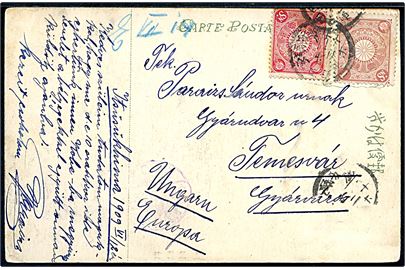 1 sn. og 3 sn. på brevkort dateret Itsukushima d. 12.6.1909 annulleret med lokalt poststempel til Temesvar, Ungarn. 