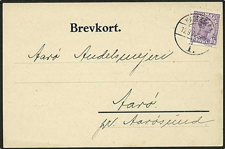 15 øre Chr. X på brevkort på brevkort stemplet Haderslev 1 d. 12.9.1922 til Aarø pr. Aarøsund.