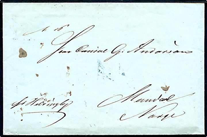 1841. Francobrev med fuldt indhold og håndskrevet bynavn Holstebro d. 29 Marts 1841 til Mandal i Norge. Påskrevet: fr. Helsingbg.