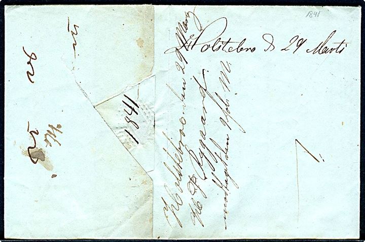 1841. Francobrev med fuldt indhold og håndskrevet bynavn Holstebro d. 29 Marts 1841 til Mandal i Norge. Påskrevet: fr. Helsingbg.