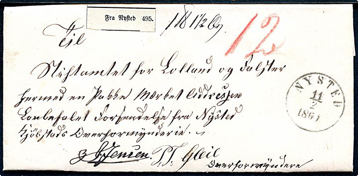 1869. Ufrankeret pakkefølgebrev for tjenestepakke med antiqua Nysted d. 11.2.1869 til Stiftsamtet for Lolland og Falster i Nykjøbing. Påskrevet 12 sk. med rødkridt. Fuldt indhold.