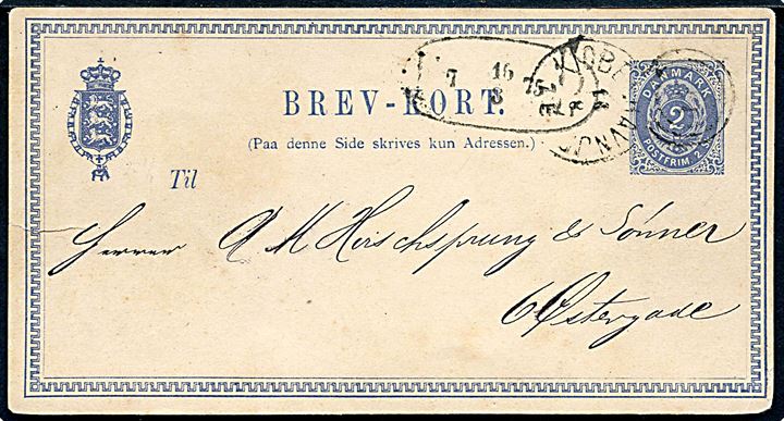 2 sk. helsagsbrevkort anvendt i ØRE-perioden som lokalt fodpost brevkort annulleret med kombineret nr.stempel 34/Kjøbenhavn JP. d. 16.8.1875 og sidestemplet med ovalt fodpoststempel F:P: d. 16.8.1875. Rift i venstre side.