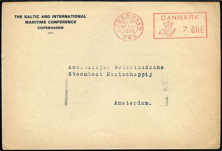 7 øre posthusfranko frankeret tryksag fra The Baltic and International Maritime Conference fra København OMK. d. 27.12.1935 til Amsterdam, Holland.