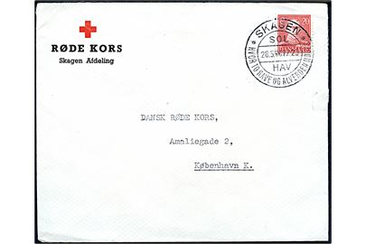 20 øre Chr. X på fortrykt kuvert fra Røde Kors Skagen Afdeling annulleret med turiststempel i Skagen d. 28.5.1946 til Dansk Røde Kors i København.