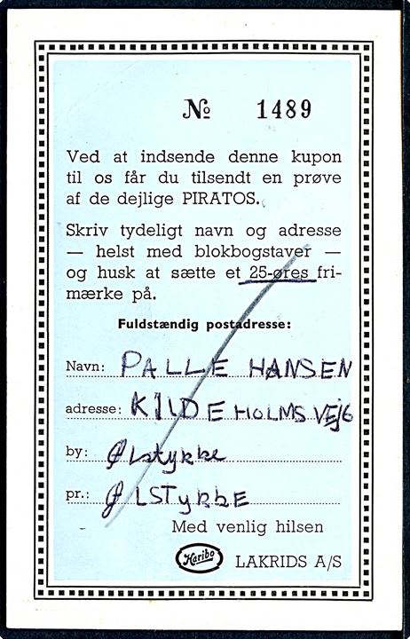 30 øre Bølgelinie på illustreret Haribo Piratos tryksags-kort fra Ølstykke d. 27.5.1968 til København.