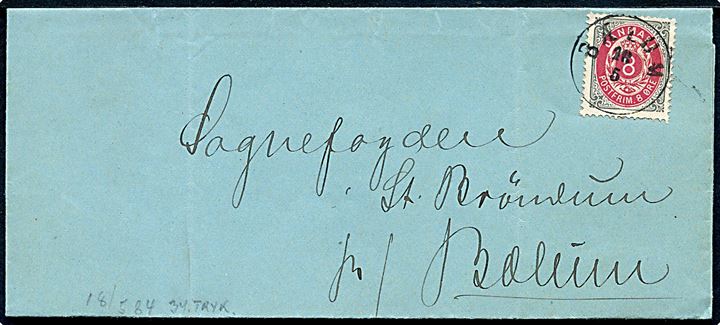 8 øre Tofarvet 34. tryk på brev annulleret med lapidar Bælum d. 18.5.1884 til St. Brøndum pr. Bællum.