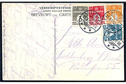 1 øre, 2 øre, 3 øre og 4 øre Bølgelinie på 4-farve frankeret brevkort fra Allinge d. 31.7.1912 til Lichtenberg b. Berlin, Tyskland.