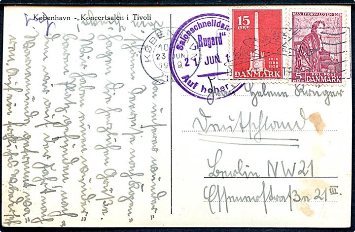 5 øre Thorvaldsen og 15 øre Stavnsbåndet på brevkort fra København d. 23.6.1939 til Berlin, Tyskland. Privat skibsstempel: Salonschnelldampfer Rugard Auf hoher See d. 21.6.1939.