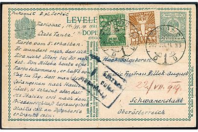 Ungarsk 8 f. helsagsbrevkort opfrankeret med Kroatien 2 fil. og 5 fil. Fredsengel fra Karlovac d. 14.7.1919 til Schwanenstadt, Østrig. Lokal kroatisk censur.