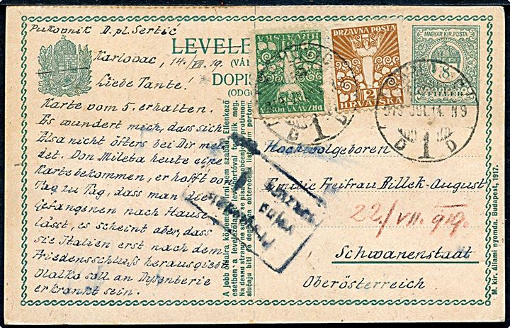 Ungarsk 8 f. helsagsbrevkort opfrankeret med Kroatien 2 fil. og 5 fil. Fredsengel fra Karlovac d. 14.7.1919 til Schwanenstadt, Østrig. Lokal kroatisk censur.