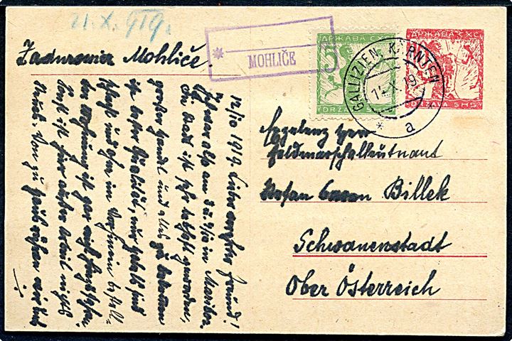 10vin. Kædespringer helsagsbrevkort opfrankeret med 5 vin. Kædepringer annulleret Gallizien, Kärnten d. 14.10.1919 og sidestemplet Mohlice til Schwanenstadt, Østrig.