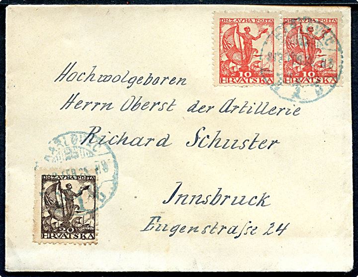10 fil. (par) og 20 fil. Sømand på brev fra Karlovac d. 2x.2.1919 til Innsbruck, Østrig.