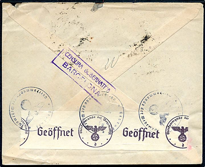 70 cts. Franco og 1 pts. Luftpost (2) på luftpostbrev fra Barcelona 1941 til Berlin, Tyskland. Åbnet af både lokal spansk censur i Barcelona og tysk censur i München.