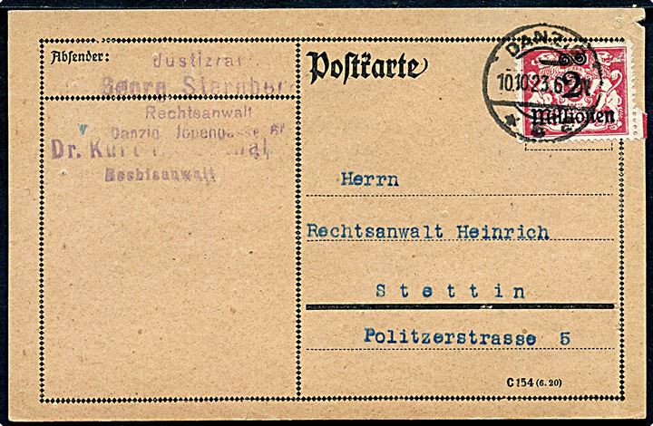 2 mio./10.000 mk. infla provisorium single på brevkort fra Danzig d. 10.10.1923 til Dtettin, Tyskland. Korrekt porto i perioden 8.-15.10.1923.
