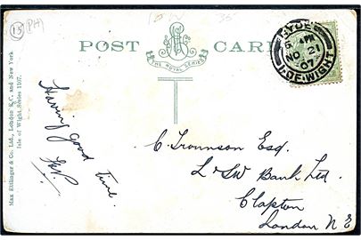 ½d Edward VII på brevkort annulleret Ryde I. of Wight d. 21.11.1907 til Clapton, London.