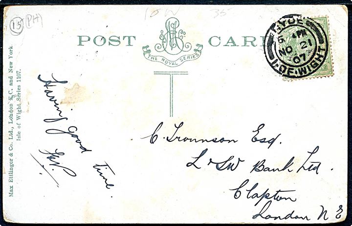 ½d Edward VII på brevkort annulleret Ryde I. of Wight d. 21.11.1907 til Clapton, London.
