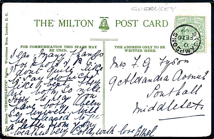 ½d Edward VII på brevkort (Guernsey harbour) annulleret St. Sampsons d. 26.2.1909 til Southall, England. Meget lille posthus på kanaløen Guernsey.