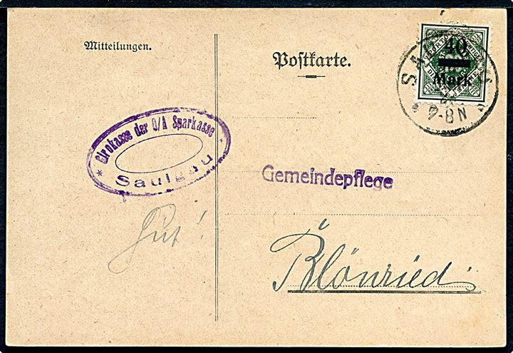 40 mk./20 pfg. Infla tjenestemærke provisorium single på brevkort fra Saulgau d. 18.6.1923 til Blönreid.