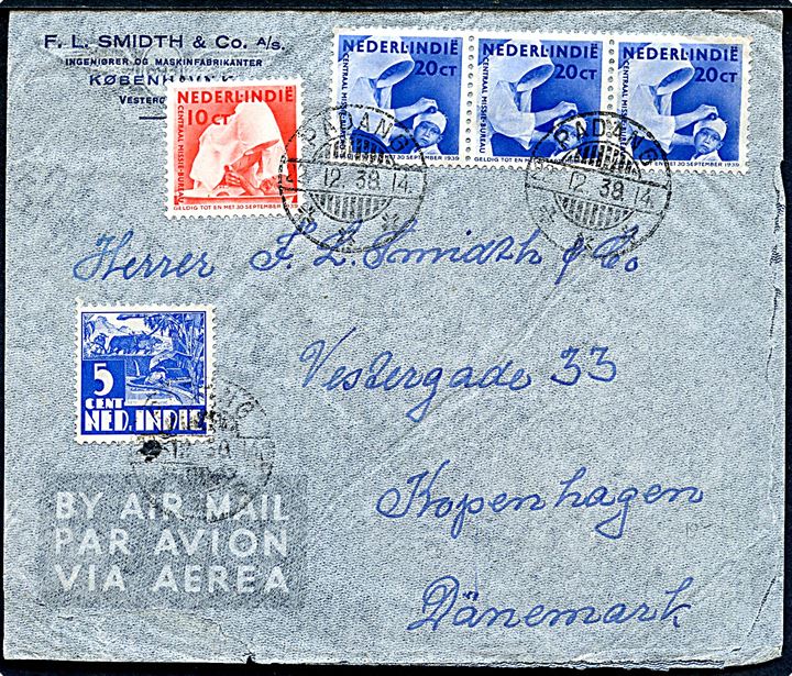 75 c. blandingsfrankeret luftpostbrev fra F. L. Schmidt & Co. i Padang d. 22.12.1938 til København, Danmark.