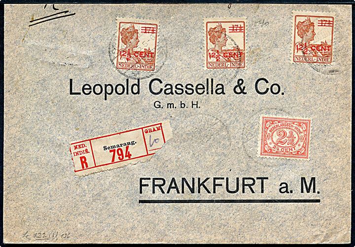 2½ c. Ciffer og 12½/17½ c. Provisorium (3) på anbefalet brev fra Semarang d. 7.7.1925 til Frankfurt, Tyskland.