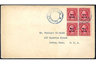 Amerikansk 2 cents Molly Pitcher provisorium i fireblok på filatelistisk brev annulleret med blåt gummistempel TRISTAN DA CUNHA til Boston, USA.