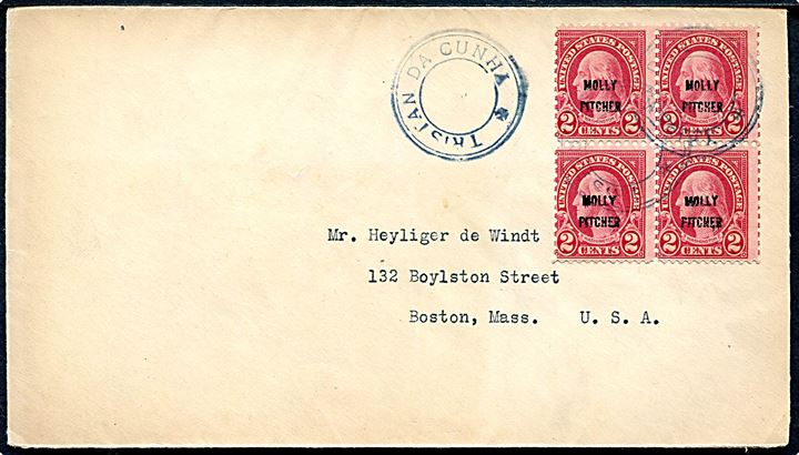 Amerikansk 2 cents Molly Pitcher provisorium i fireblok på filatelistisk brev annulleret med blåt gummistempel TRISTAN DA CUNHA til Boston, USA.