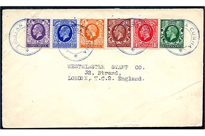Div. George V udg. på filatelistisk brev annulleret med blåt gummistempel TRISTAN DA CUNHA til London, England.