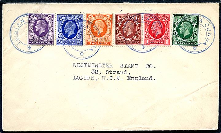 Div. George V udg. på filatelistisk brev annulleret med blåt gummistempel TRISTAN DA CUNHA til London, England.