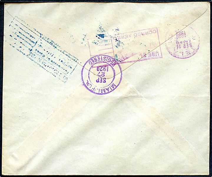 Tjenestemærker på anbefalet 1. flyvningskuvert fra Tegucicalpa d. 20.9.1929 via Tela d. 24.9.1929 til Miami, USA. Ank.stemplet d. 27.9.1929.